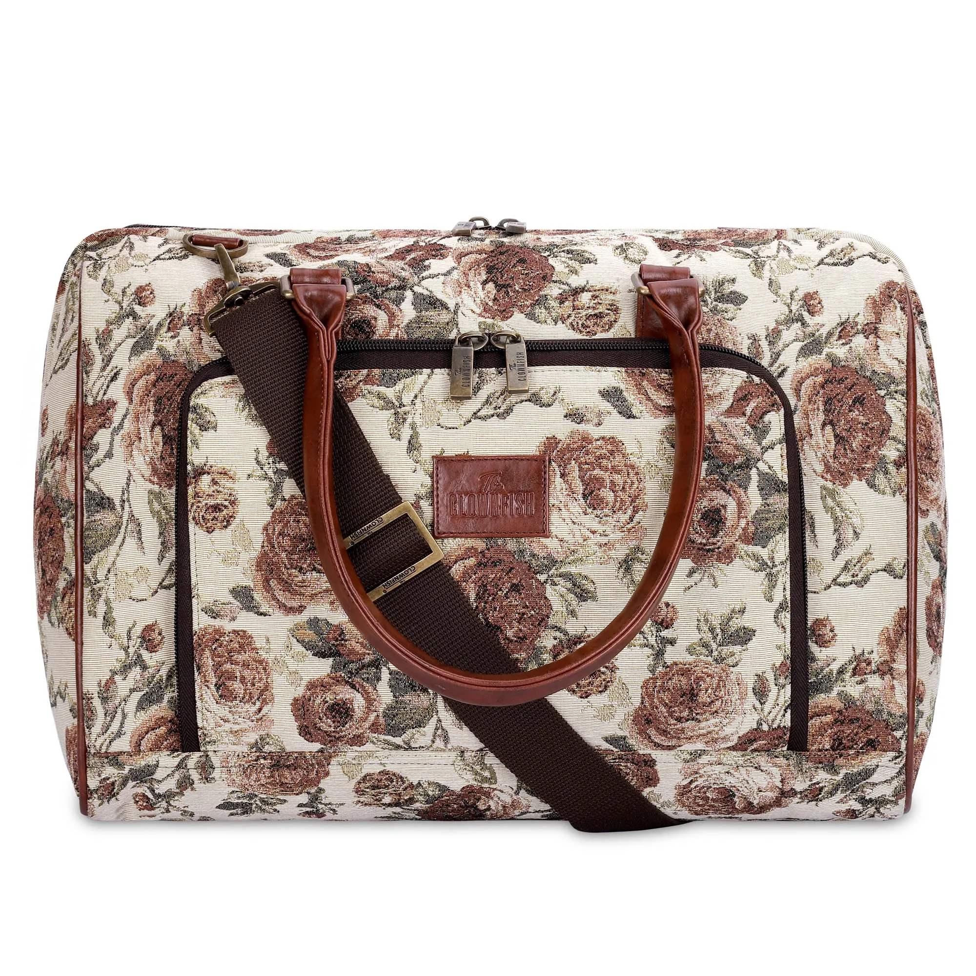 THE CLOWNFISH Fabric Oceania 28 Litres Tapestry Business Travel Duffle Carry-On Luggage Bag With 15.6 Inch Laptop Sleeve (Brown-Floral), 24 Centimeters