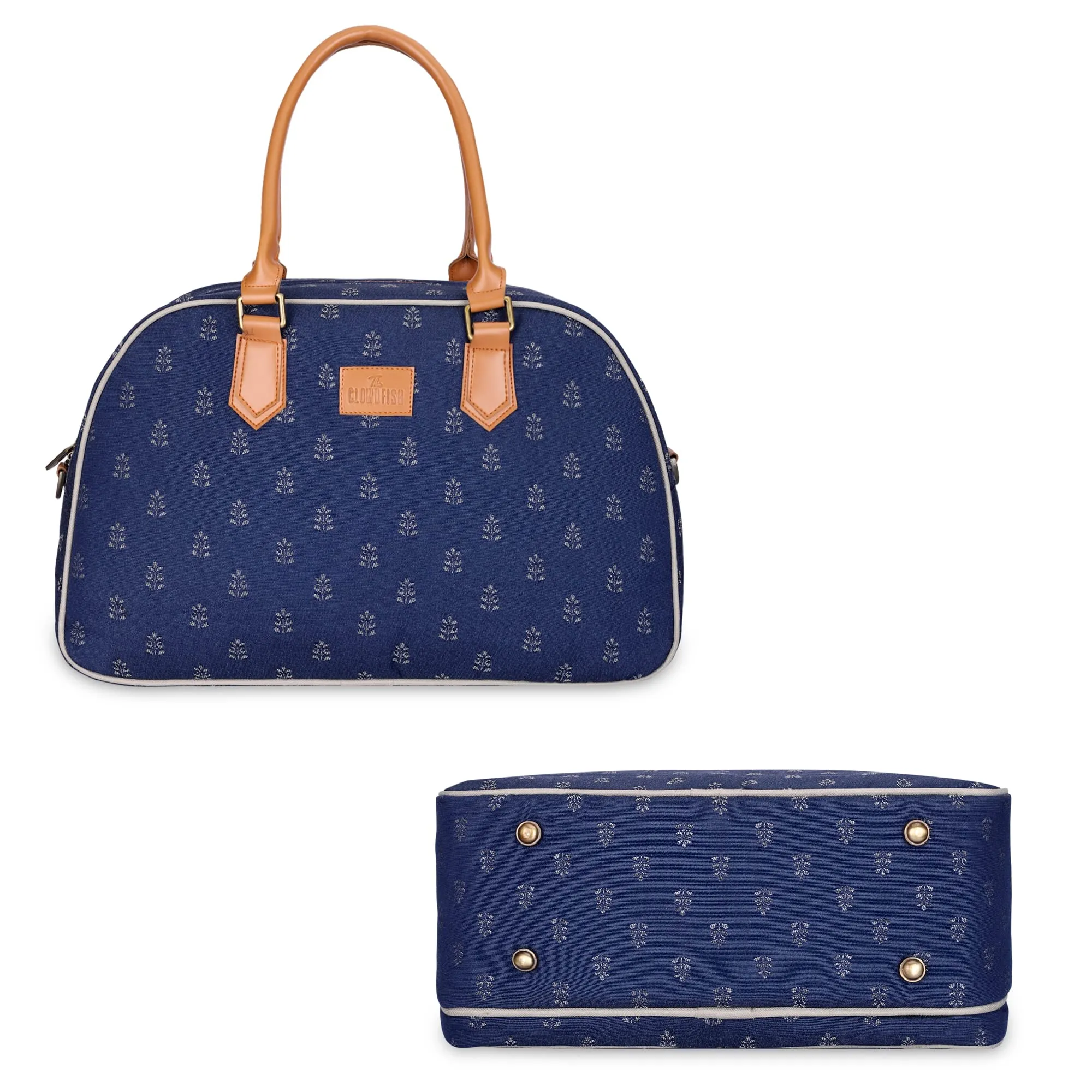 The Clownfish Ziana Series 24 litres Tapestry & Faux Leather Unisex Travel Duffle Bag Luggage Weekender Bag (Denim Blue)