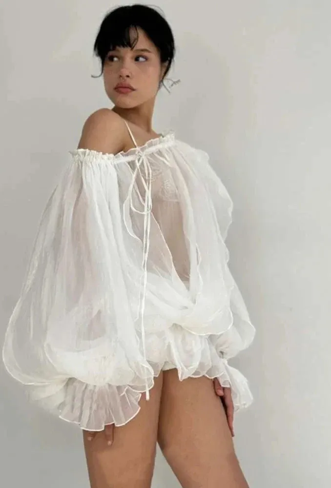 Transparent Mesh White Shirts & Blouses Y2k Coquette Clothes Aesthetic Off Shoulder Flared Long Sleeve Tops C83-FC18