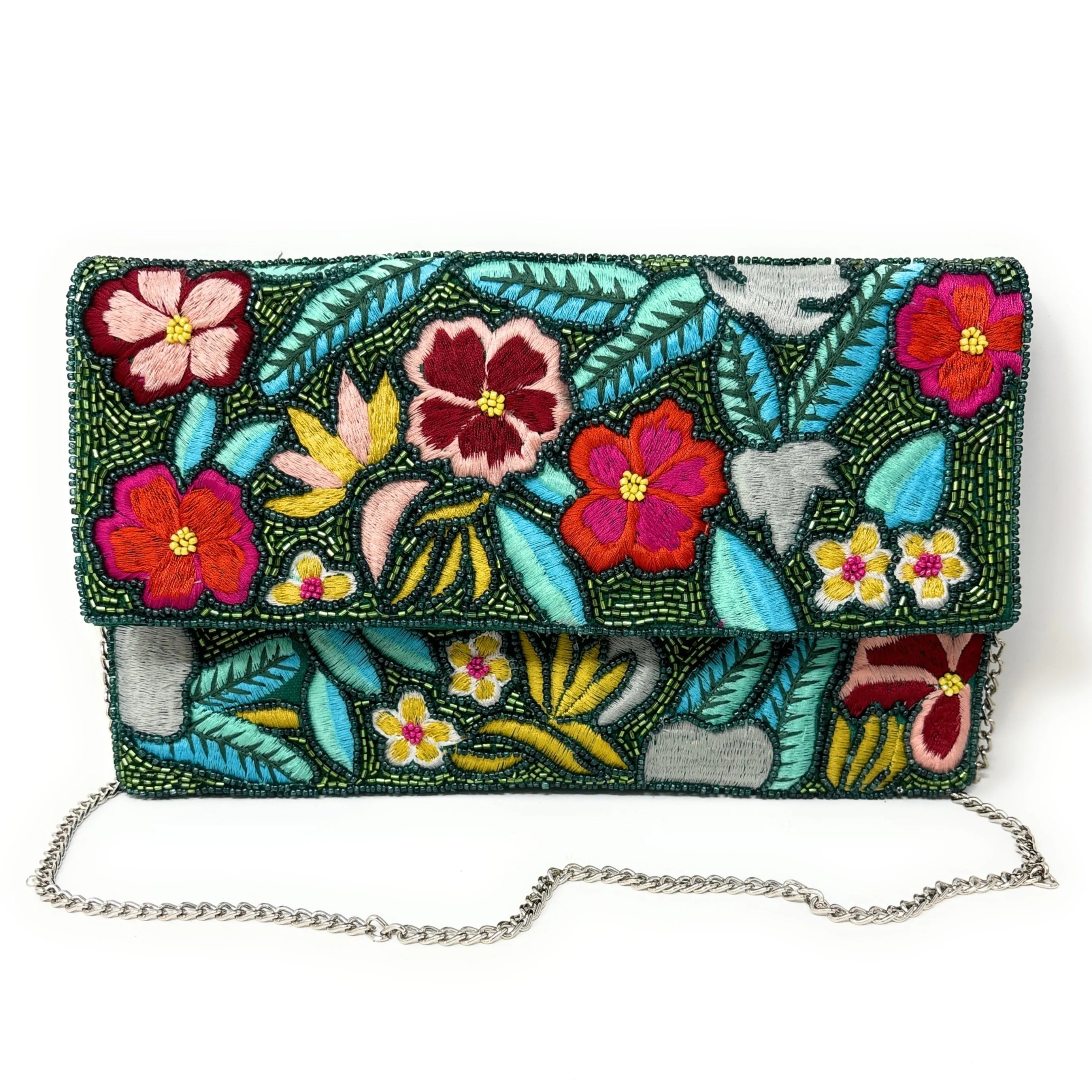 Tropical Floral Green Beaded Clutch Purse