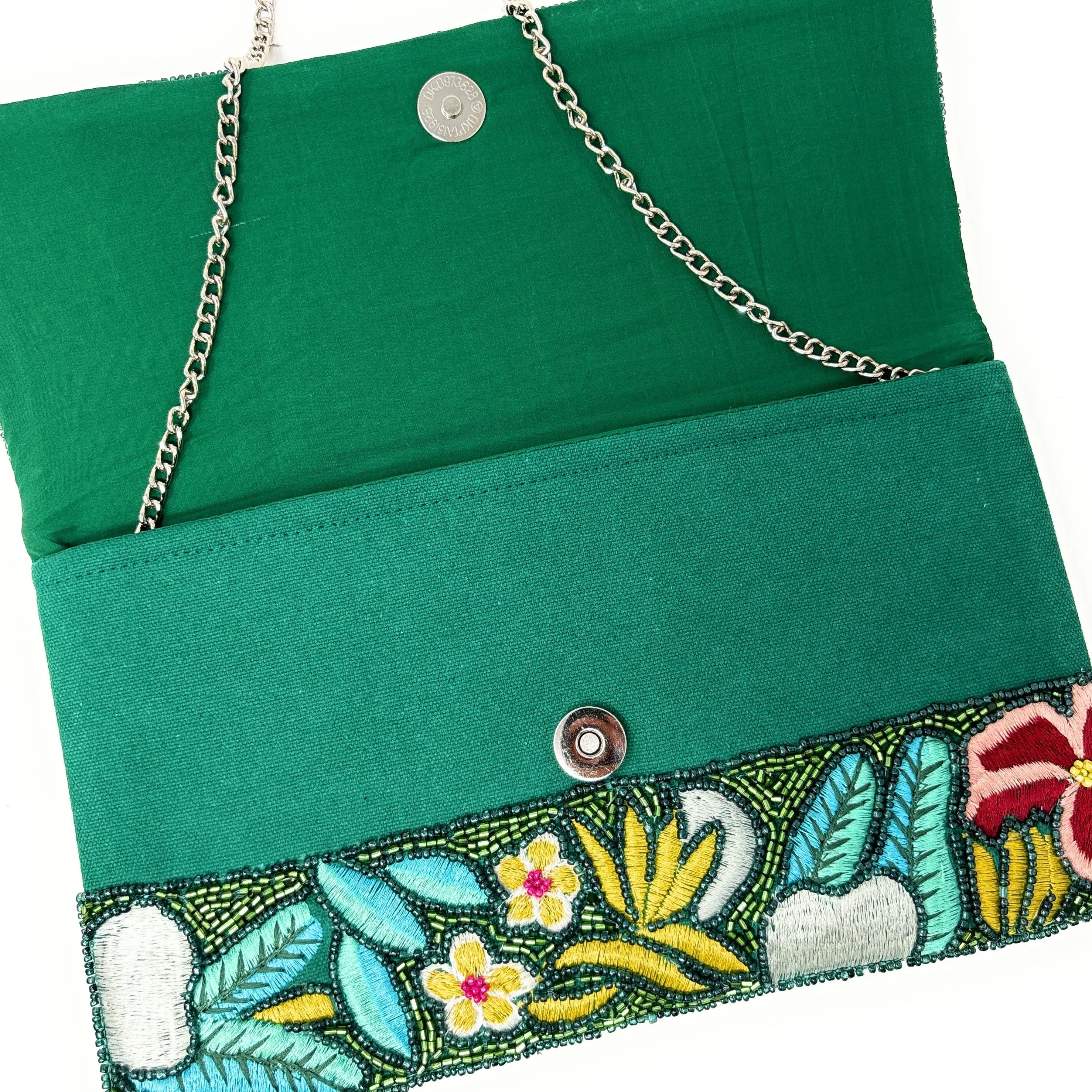 Tropical Floral Green Beaded Clutch Purse