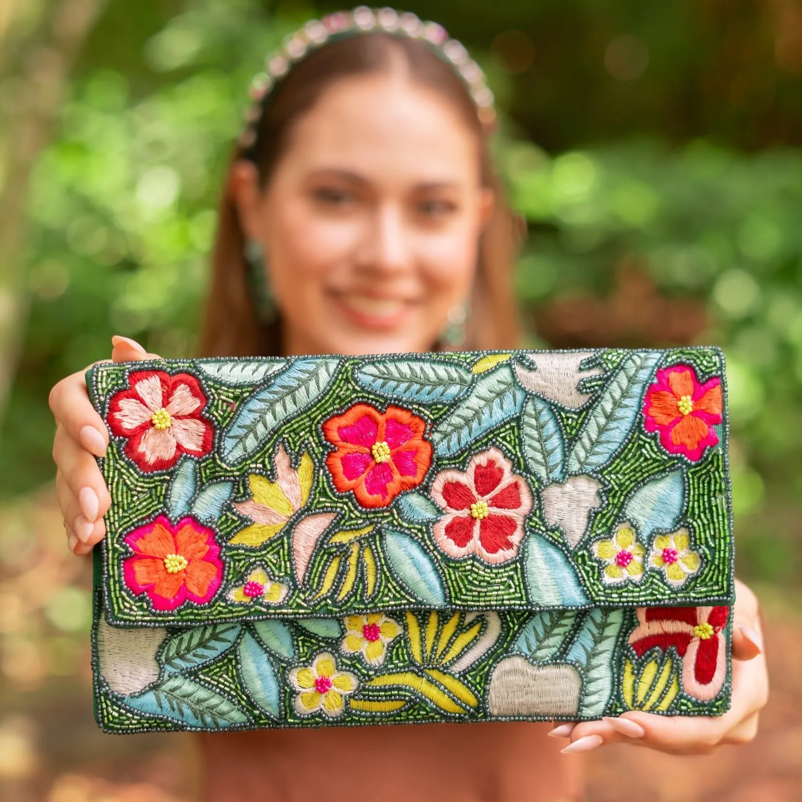 Tropical Floral Green Beaded Clutch Purse