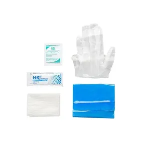 TruCath Intermittent Catheter Insertion Kit. Vinyl PF Gloves, 5g Lube Jelly Packet, BZK wipe, Underpad and Drainage Bag with connector.