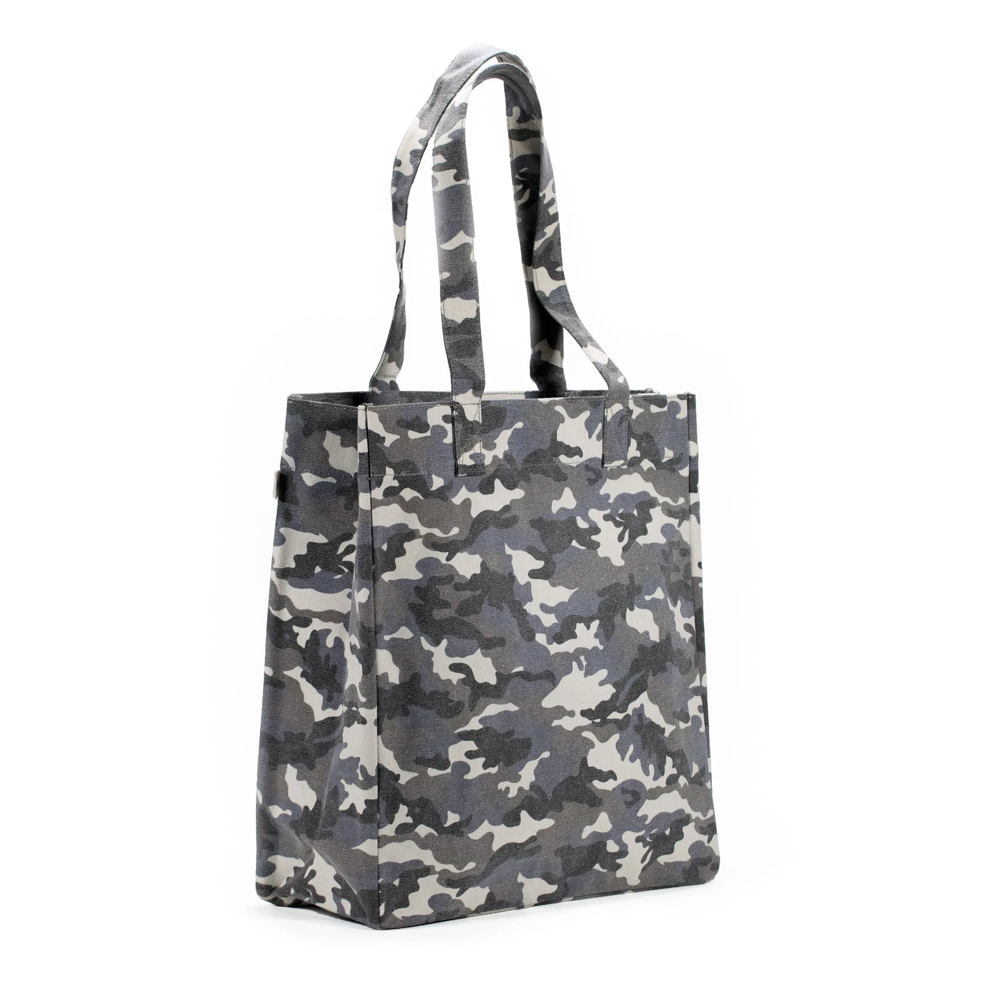 Upright Bag: Grey Camouflage with Light Blue Pom Poms