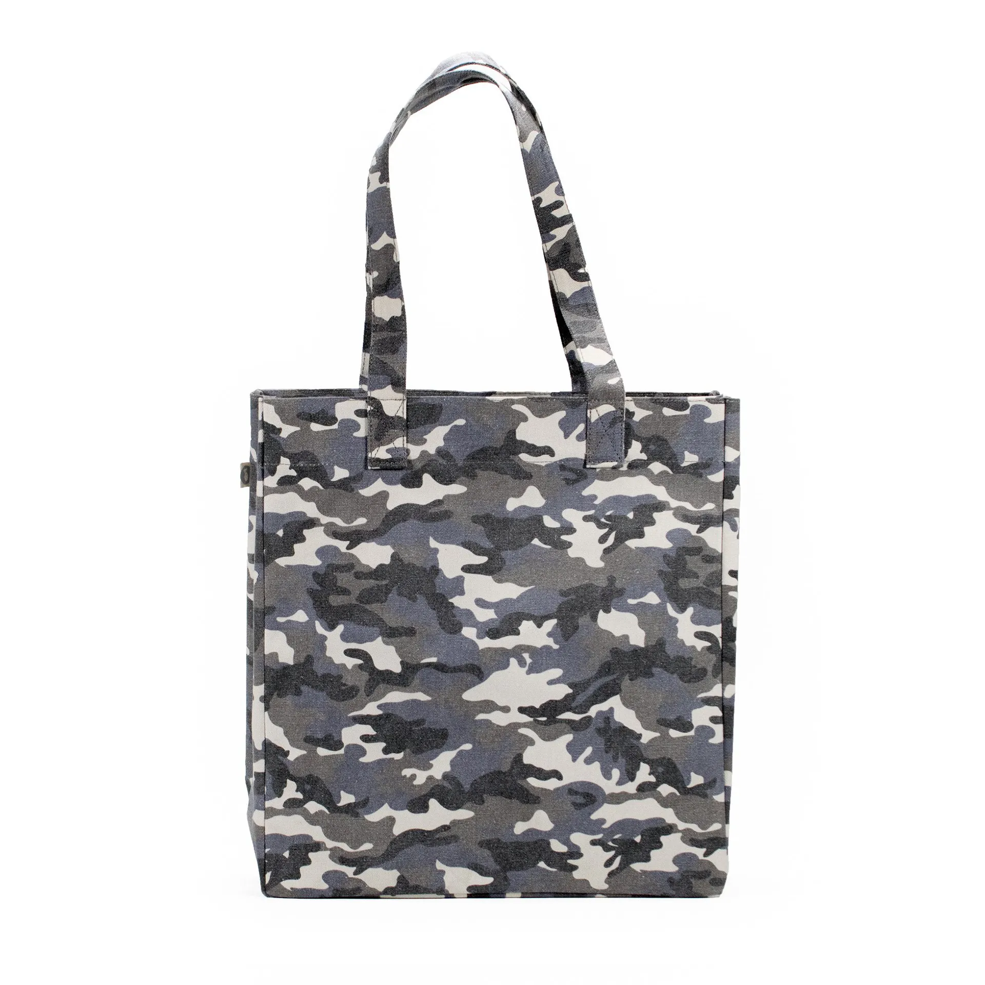 Upright Bag: Grey Camouflage with Light Blue Pom Poms