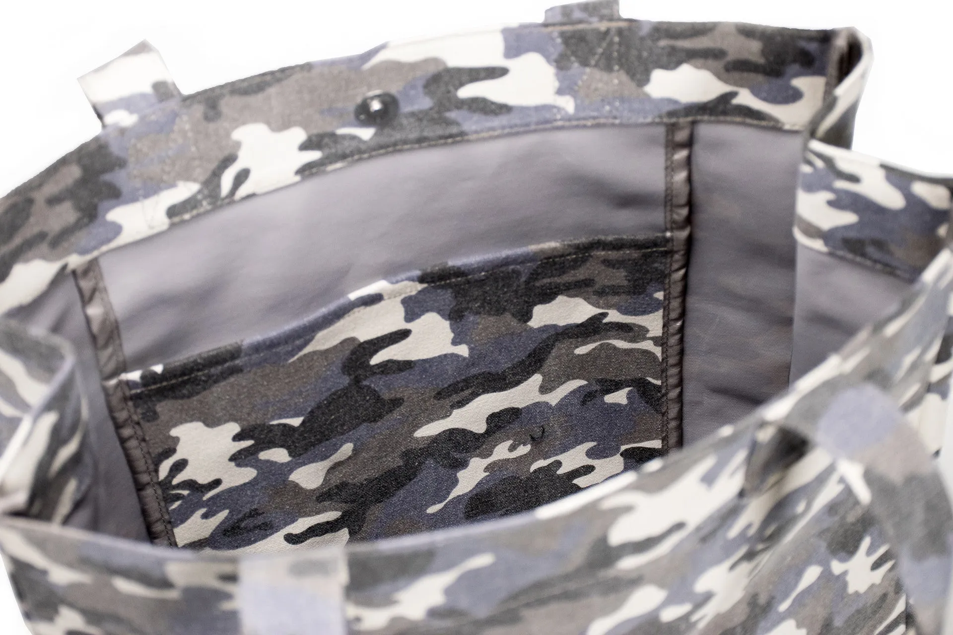 Upright Bag: Grey Camouflage with Light Blue Pom Poms