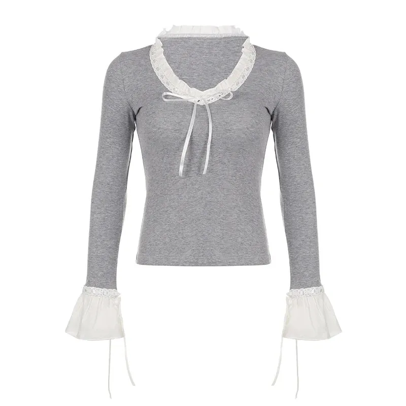 V Neck Grey Sweet Women T-shirts Flare Sleeve Knit Slim Bow Cute Top Autumn Tee Shirts Lace Ruffles Spliced Outfits