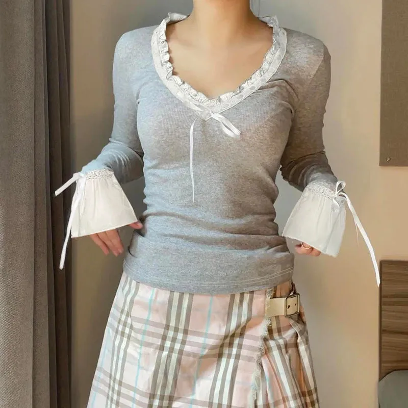 V Neck Grey Sweet Women T-shirts Flare Sleeve Knit Slim Bow Cute Top Autumn Tee Shirts Lace Ruffles Spliced Outfits