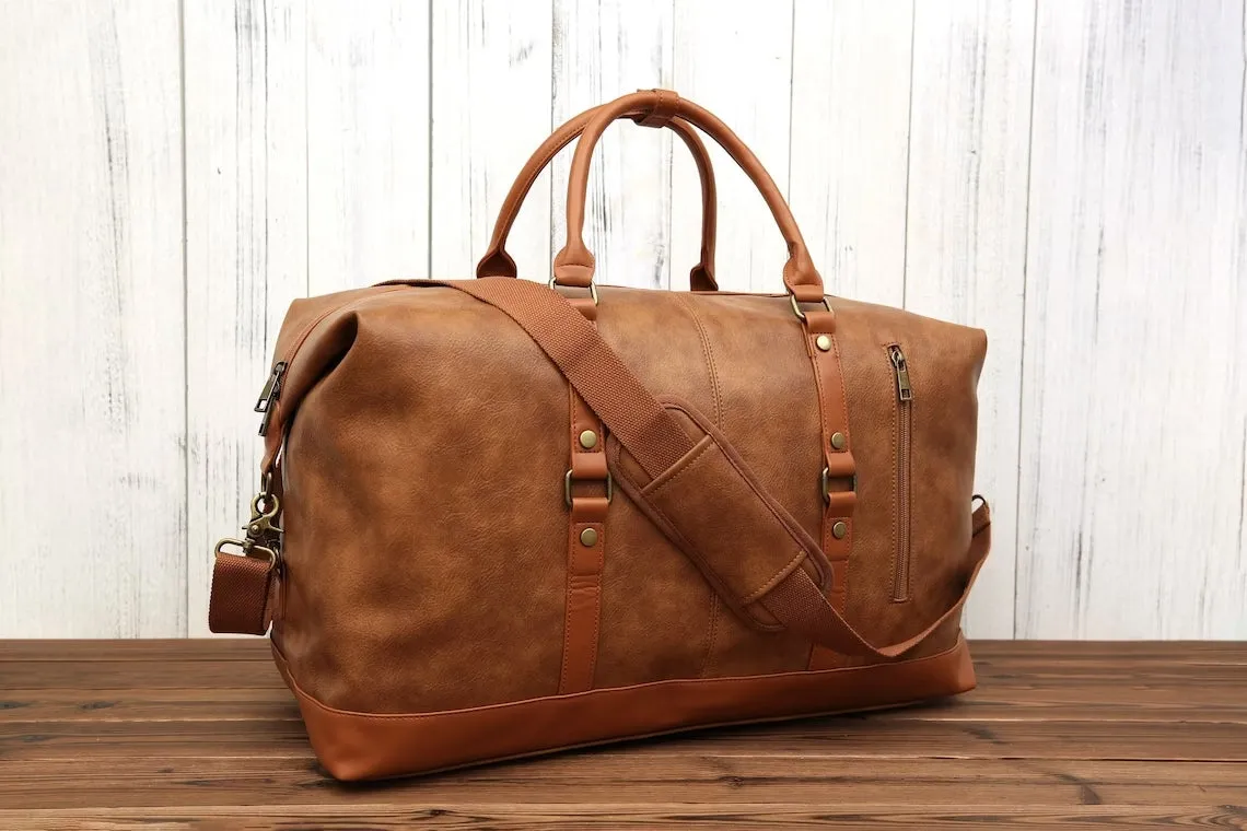 Vegan Leather Duffle Bag, Large Travel Bag, Mens Leather Weekend Bag, Personalized Outdoor Bag, Holdall Bag, Best Gift For Him