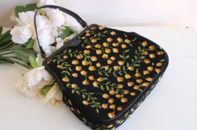 Vintage 1960s Purse in Black with Needlepoint Lemons Or Yellow Flowers