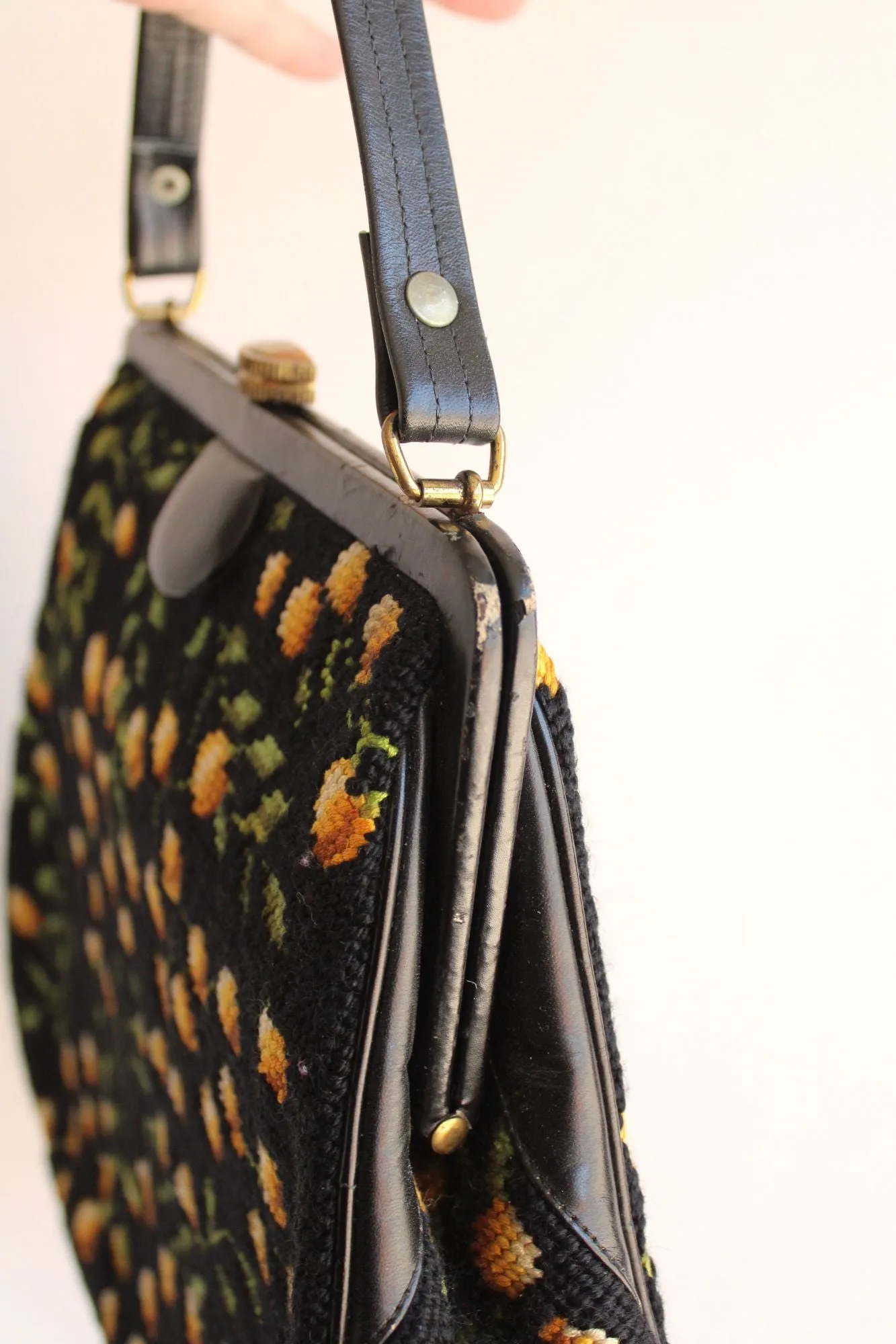 Vintage 1960s Purse in Black with Needlepoint Lemons Or Yellow Flowers