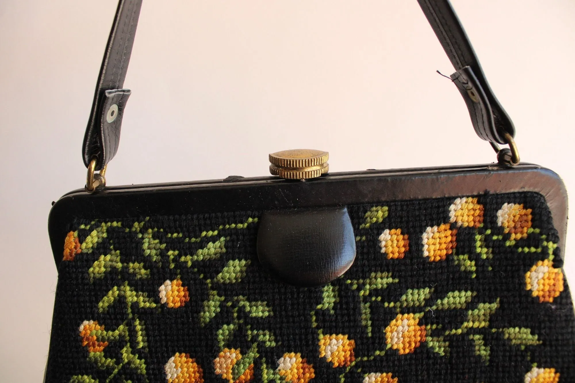 Vintage 1960s Purse in Black with Needlepoint Lemons Or Yellow Flowers