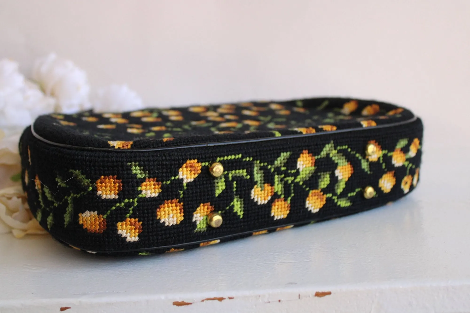 Vintage 1960s Purse in Black with Needlepoint Lemons Or Yellow Flowers