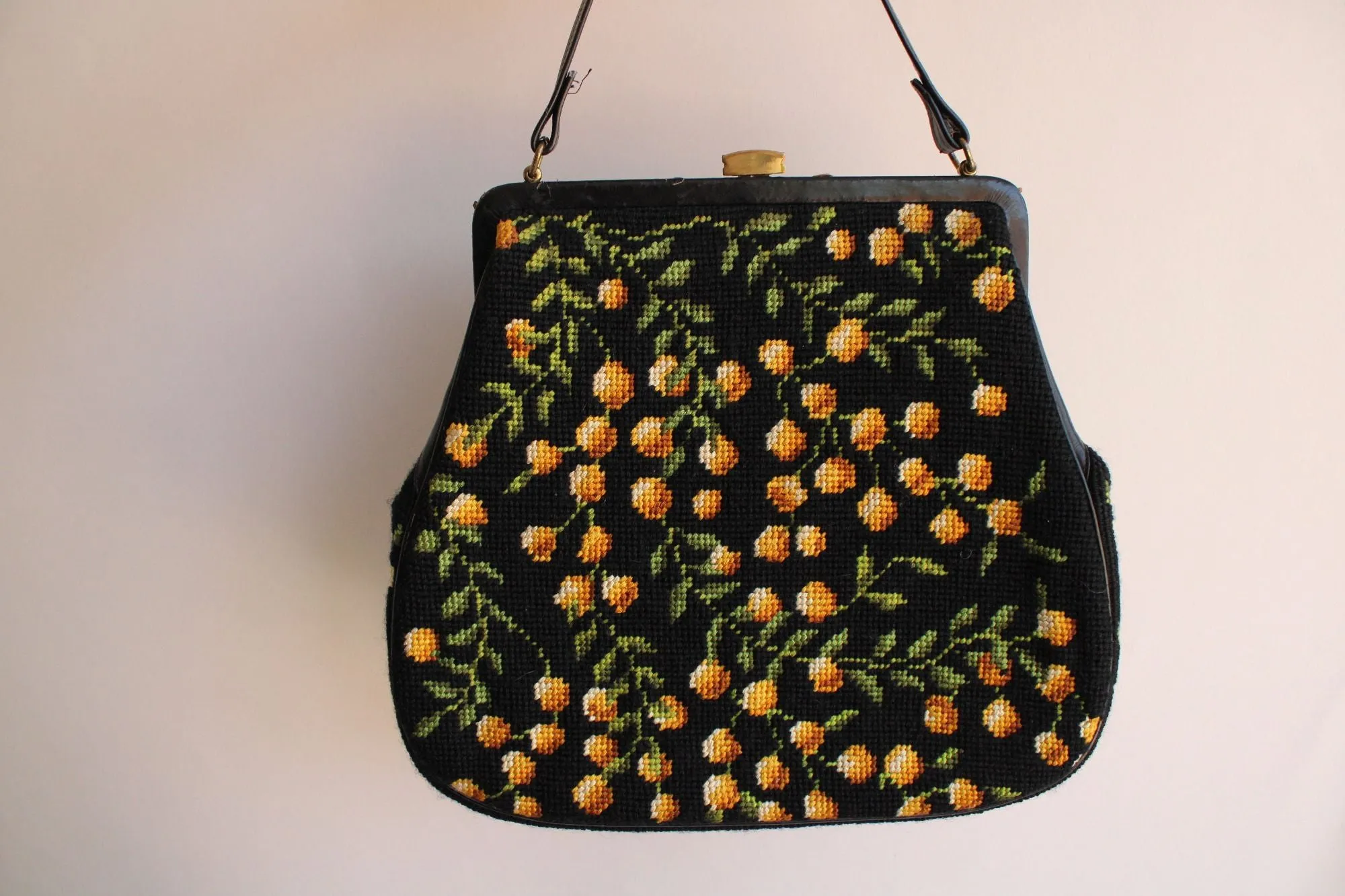 Vintage 1960s Purse in Black with Needlepoint Lemons Or Yellow Flowers