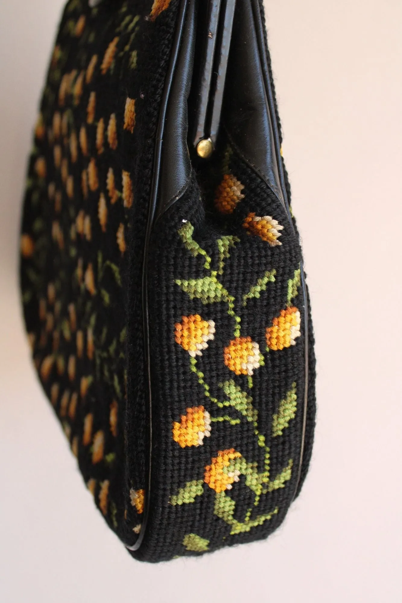 Vintage 1960s Purse in Black with Needlepoint Lemons Or Yellow Flowers