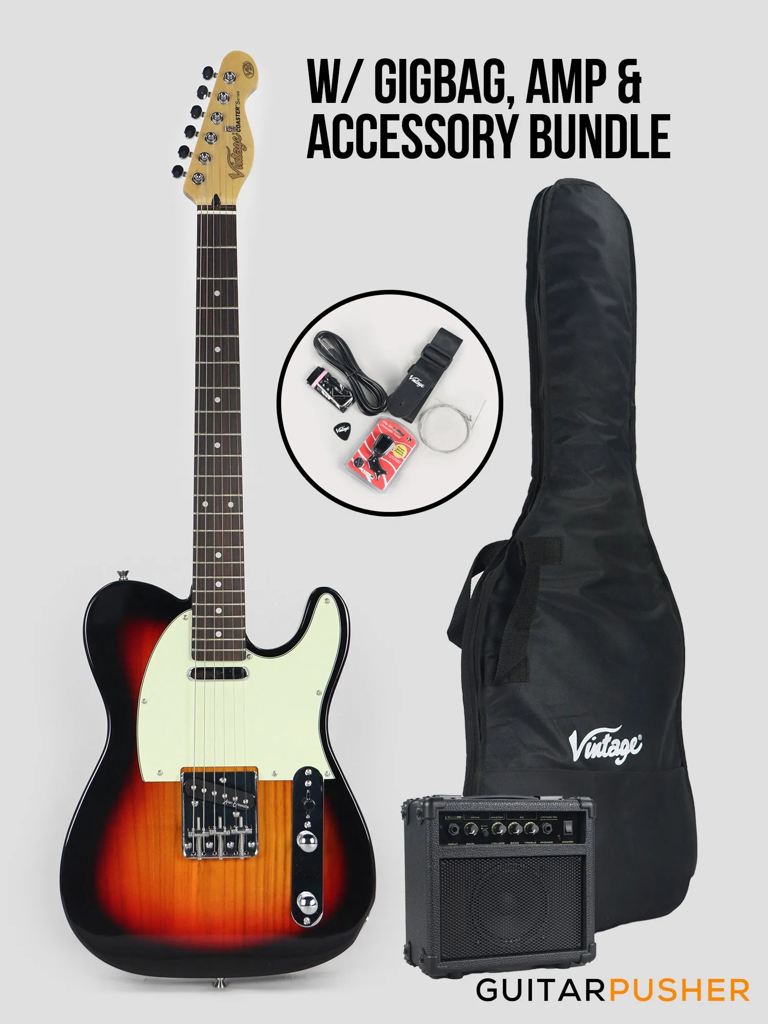 Vintage Coaster Series V20 T-Style Electric Guitar w/ Kinsman 10-Watt Amplifier, Gig Bag, & Accessories - 3-Tone Sunburst