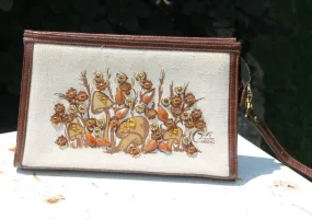 Vintage Enid Collins Clutch / Purse / Handbag with Brown Amber and Orange Jewel Embellished Mushroom Design. Fashion Collectible.