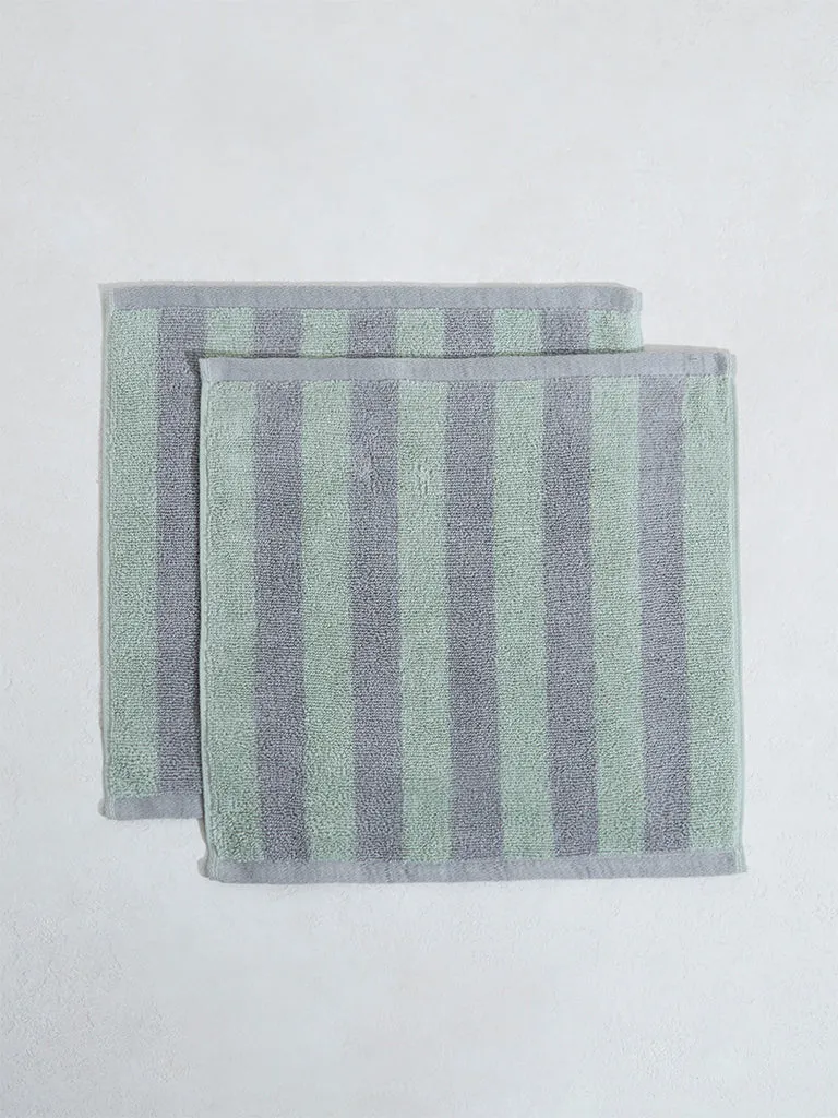 Westside Home Green Broad Striped Face Towel (Set of 2)