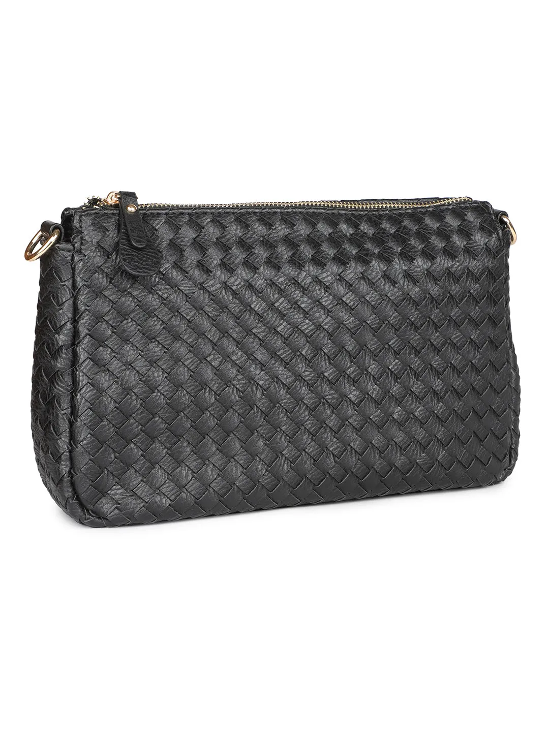 Women Black Woven Design Structured Sling Bag