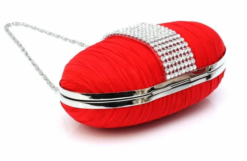 Womens Cute Oval Shape Satin Diamante Clutch Hand Bag Wedding Bridal Red