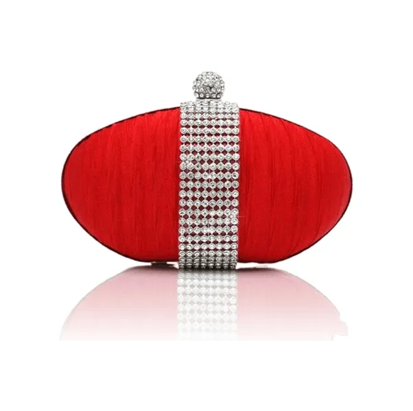 Womens Cute Oval Shape Satin Diamante Clutch Hand Bag Wedding Bridal Red