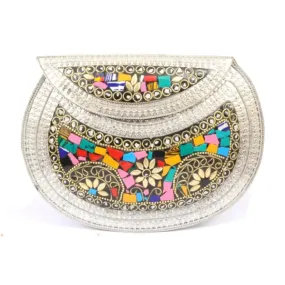 Womens Metal Mosaic Shell Mop Wedding Party Box Clutch (Multicolour)