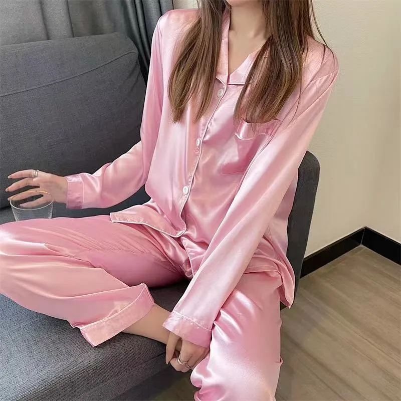 Womens Silk Satin Pajamas Loungewear Two-piece Sleepwear Button-Down Pj Set