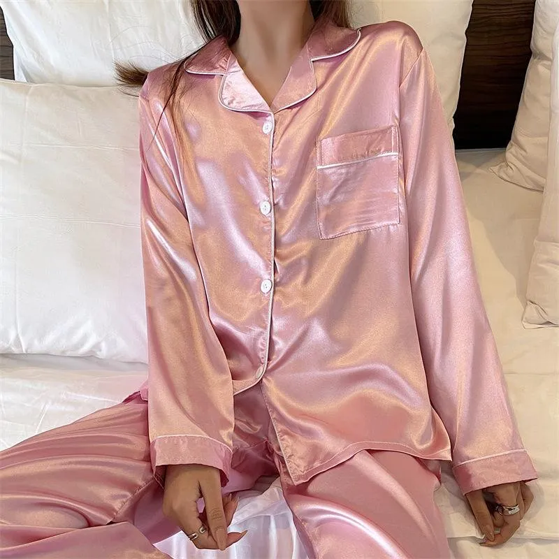 Womens Silk Satin Pajamas Loungewear Two-piece Sleepwear Button-Down Pj Set