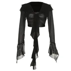 Y2k Fairy Grunge Black Mesh See Through Sexy Shirts for Women Tie Up Flare Long Sleeve Crop Top Fall 2023 P94-CC15