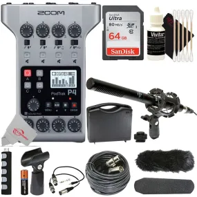 Zoom PodTrak P4 Multitrack Podcast Recorder   Shotgun Microphone Kit