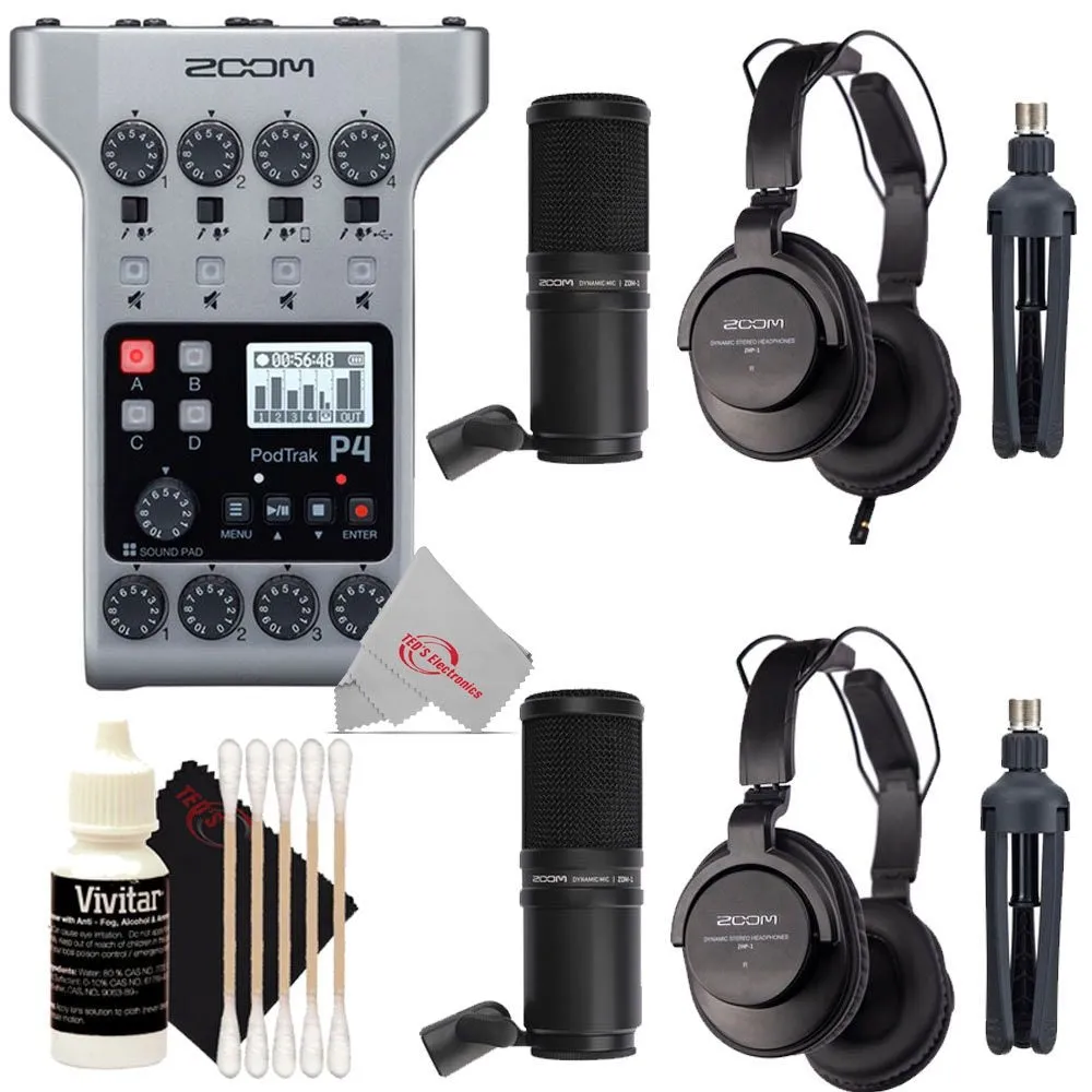 Zoom PodTrak P4 Multitrack Podcast Recorder   Two Pcs Mic Pack Accessory Bundle